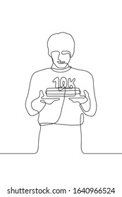 one continuous line drawing a young man holding a cake with a candle in the shape of "10K", which means ten thousand subscribers / followers, a person holding a cake - blogger / video blogger