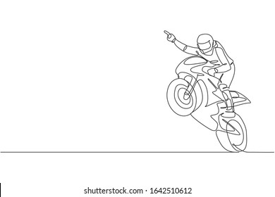 One continuous line drawing of young moto racer celebrate win with raise his hand. Super bike racing concept vector illustration. Dynamic single line draw design for motorbike race promotion poster