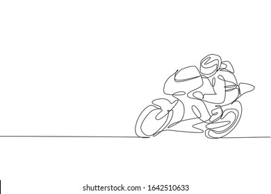 Eine durchgängige Zeichnung von jungen Motorradfahrern, die auf der Rennstrecke trainieren. Super Bike Racing Konzept Vektorillustration Illustration. Dynamisches Einzeilenteam-Design für Motorrad-Promotion-Poster