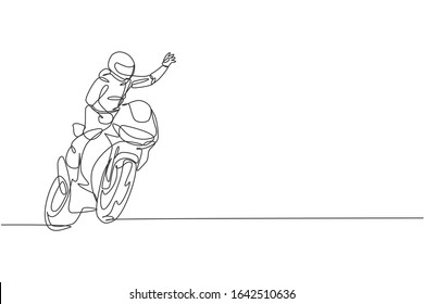 One Continuous Line Drawing Of Young Moto Racer Wave His Hand To Spectators. Super Bike Racing Concept Graphic Vector Illustration. Dynamic Single Line Draw Design For Motorbike Race Promotion Poster