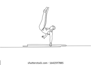 One continuous line drawing young man exercising parallel bars at gymnastic. Gymnast athlete in leotard. Healthy sport and active concept. Dynamic single line draw design vector illustration graphic