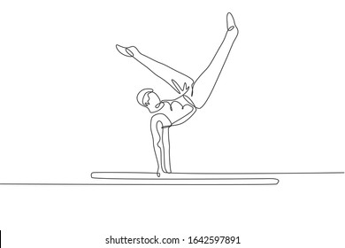 One continuous line drawing of young man exercising parallel bars gymnastic. Gymnast athlete in leotard. Healthy sport and active concept. Dynamic single line draw design graphic vector illustration