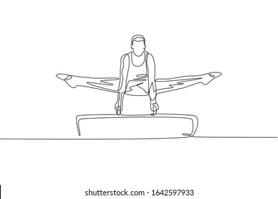 One continuous line drawing of young man exercising pommel horse at gymnastic. Gymnast athlete in leotard. Healthy sport and active concept. Dynamic single line draw graphic design vector illustration