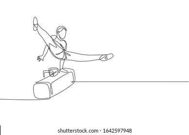 One continuous line drawing of young man exercising pommel horse at gymnastic. Gymnast athlete in leotard. Healthy sport and active concept. Dynamic single line draw design graphic vector illustration