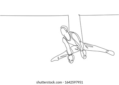 One continuous line drawing of young man exercising steady rings at gymnastic. Gymnast athlete in leotard. Healthy sport and active concept. Dynamic single line draw design vector illustration graphic