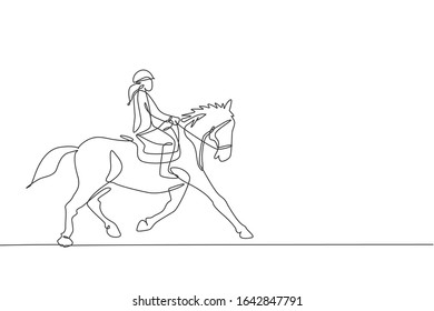 One continuous line drawing of young horse rider woman in action. Equine run training at racing track. Equestrian sport competition concept. Dynamic single line draw design graphic vector illustration