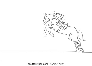 Un dibujo continuo de jóven jinete en acción. Equitación de tren para saltar en pista de carreras. Concepto de competición deportiva ecuestre. Ilustración vectorial de diseño de línea única dinámica