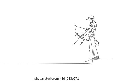 One continuous line drawing of young archer man pulling bow to shooting an archery target. Archery sport training and exercising concept. Dynamic single line draw design vector illustration graphic