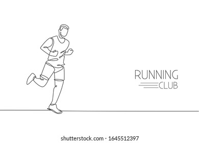 One continuous line drawing of young man athlete runner run relax. Individual sport, competitive concept. Dynamic single line draw design vector graphic illustration for running competition poster