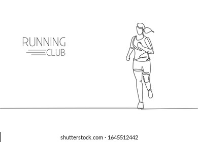 One continuous line drawing young woman athlete runner run pleasure. Individual sport, competitive concept. Dynamic single line draw design graphic vector illustration for running competition poster