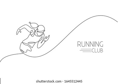 One continuous line drawing of young woman athlete runner focus sprint run. Individual sport, competitive concept. Dynamic single line draw design vector illustration for running competition poster