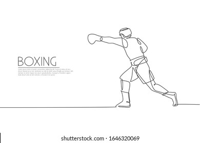 Un dibujo continuo de un joven boxeador deportivo practicando gancho punch. Concepto deportivo de combate competitivo. Dibujo dinámico de línea única ilustración vectorial para el póster de promoción de correspondencia de boxeo