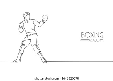 One continuous line drawing young sporty man boxer try to provoke rival. Competitive combat sport concept. Dynamic single line draw design graphic vector illustration for boxing match promotion poster