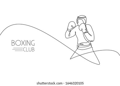 One continuous line drawing of young sporty man boxer practice his fight stance. Competitive combat sport concept. Dynamic single line draw design vector illustration for boxing match promotion poster