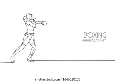 One continuous line drawing young sporty woman boxer defense and attack. Competitive combat sport concept. Dynamic single line draw design vector graphic illustration for boxing match promotion poster