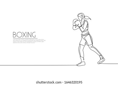 One continuous line drawing of young sporty woman boxer improve defense skill. Competitive combat sport concept. Dynamic single line draw design vector illustration for boxing match promotion poster