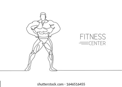 One continuous line drawing of young strong model man bodybuilder pose confidently. Fitness center gym logo concept. Dynamic single line draw design vector illustration for bodybuilding competition