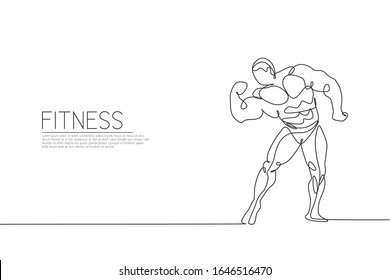 One continuous line drawing young strong model man bodybuilder posed. Fitness center gym logo concept. Dynamic single line draw design vector illustration graphic for bodybuilding competition contest