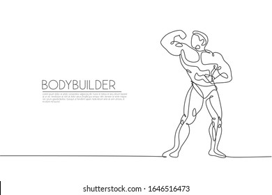 One continuous line drawing young strong model man bodybuilder pose confidently. Fitness center gym logo concept. Dynamic single line draw design graphic vector illustration for bodybuilding contest