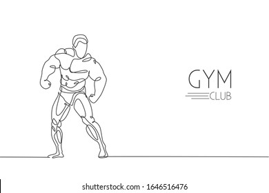 One continuous line drawing of young strong model man bodybuilder. Fitness center gym logo concept. Dynamic single line draw design vector graphic illustration for bodybuilding competition contest