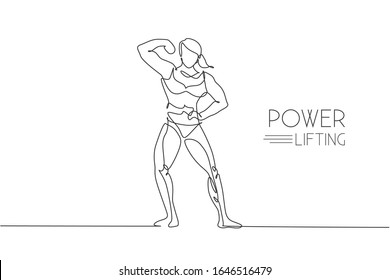 One continuous line drawing young strong model woman bodybuilder pose confidently. Fitness center gym logo concept. Dynamic single line draw design graphic vector illustration for bodybuilding contest