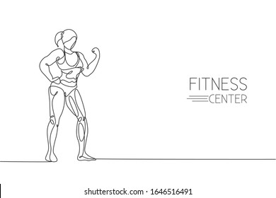 One continuous line drawing of young strong model woman bodybuilder posed. Fitness center gym logo concept. Dynamic single line draw design vector illustration for bodybuilding competition contest