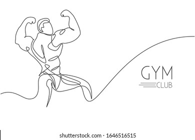 One continuous line drawing young strong model man bodybuilder posed. Fitness center gym logo concept. Dynamic single line draw design vector graphic illustration for bodybuilding competition contest