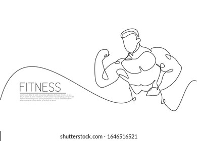 One continuous line drawing young strong model man bodybuilder posed. Fitness center gym logo concept. Dynamic single line draw design vector graphic illustration for bodybuilding competition contest