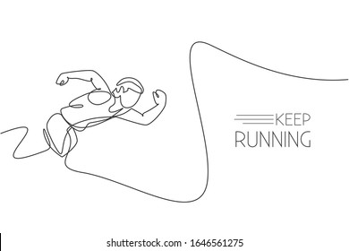 One continuous line drawing of young sporty man runner focus to sprint run fast. Health activity sport concept. Dynamic single line draw design vector illustration for running event promotion poster