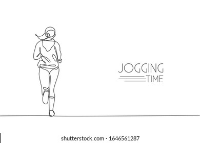 One continuous line drawing of young sporty woman runner run relax, rear view. Health activity sport concept. Dynamic single line draw design vector illustration for running event promotion poster