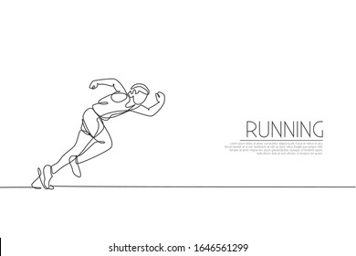 One continuous line drawing of young sporty man runner focus to run fast at track. Health activity sport concept. Dynamic single line draw design vector illustration for running event promotion poster