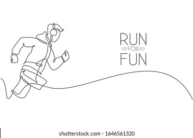 One continuous line drawing young sporty man runner focus run while listening music. Health activity sport concept. Dynamic single line draw design vector graphic illustration for running event poster