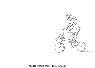 One continuous line drawing of young professional manager woman cycling ride folded bicycle to her office. Healthy working urban lifestyle concept. Dynamic single line draw design vector illustration