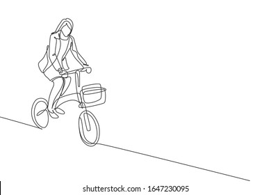 One continuous line drawing of young professional manager woman cycling ride folded bicycle to her office. Healthy working urban lifestyle concept. Dynamic single line draw design vector illustration