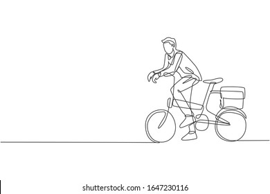 One continuous line drawing of young professional manager man cycling ride folding bicycle to his office. Healthy working urban lifestyle concept. Dynamic single line draw design vector illustration
