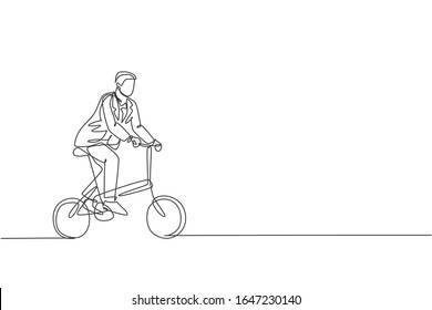 One continuous line drawing of young professional manager man cycling ride folded bicycle to his office. Healthy working urban lifestyle concept. Dynamic single line draw design vector illustration