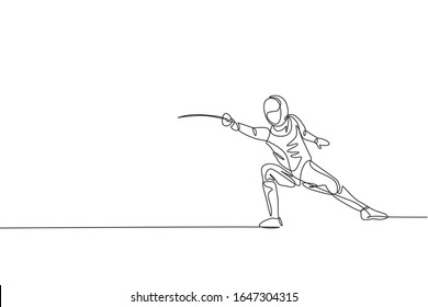 One continuous line drawing of young man fencing athlete practice fighting on professional sport arena. Fencing costume and holding sword concept. Dynamic single line draw design vector illustration