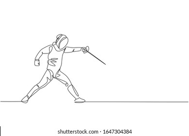 One continuous line drawing of young man fencing athlete practice fighting on professional sport arena. Fencing costume and holding sword concept. Dynamic single line draw design vector illustration