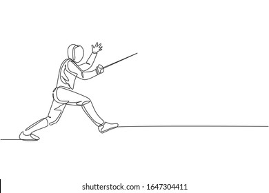 One continuous line drawing of young man fencing athlete practice fighting on professional sport arena. Fencing costume and holding sword concept. Dynamic single line draw design vector illustration