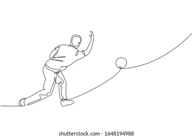 One continuous line drawing of young happy bowling player man throw ball into lane to hit the pin. Healthy sport and lifestyle activity concept. Dynamic single line draw design vector illustration