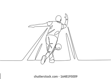 One continuous line drawing of young happy bowling player man throw ball into lane to hit the pin. Healthy sport and lifestyle activity concept. Dynamic single line draw design vector illustration