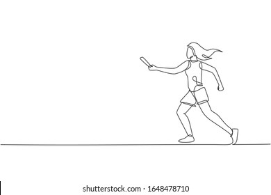 One continuous line drawing of young sporty runner woman try to pass baton stick to her teammate. Healthy lifestyle and fun jogging sport concept. Dynamic single line draw design vector illustration