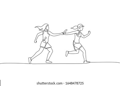 One Continuous Line Drawing Young Sporty Runner Women Pass Baton Stick At Run Race Event. Healthy Lifestyle And Fun Jogging Sport Concept. Dynamic Single Line Draw Design Vector Graphic Illustration