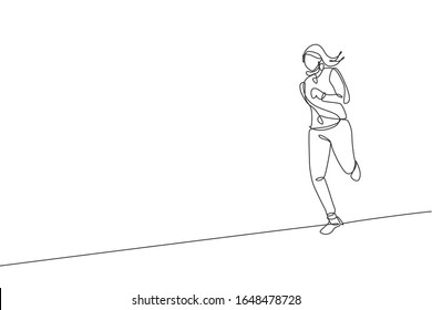 Eine durchgängige Zeichnung der jungen sportlichen Läufer, die die Hoodie trägt und sich entspannen kann. Gesunder Lebensstil und lustiges Joggingsport-Konzept. Dynamische Vektorillustration für Einzelzeilenzeichnung