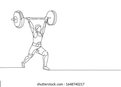 One continuous line drawing of young bodybuilder man doing exercise with a heavy weight bar in gym. Powerlifter train weightlifting concept. Dynamic single line draw design vector illustration graphic