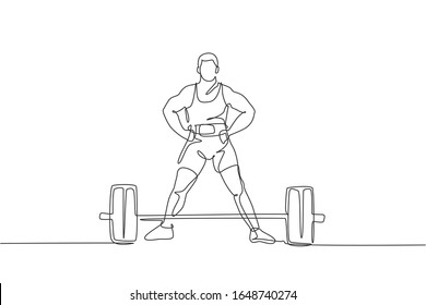 Un dibujo de línea continua de un joven culturista haciendo ejercicio con una barra pesada en el gimnasio. Concepto de levantamiento de pesas del tren Powerlifter. Ilustración vectorial de diseño de línea única dinámica