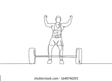 One continuous line drawing of young bodybuilder man doing exercise with a heavy weight bar in gym. Powerlifter train weightlifting concept. Dynamic single line draw design graphic vector illustration