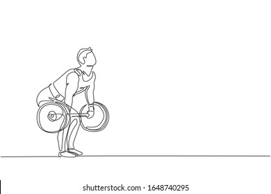 One continuous line drawing of young bodybuilder man doing exercise with a heavy weight bar in gym. Powerlifter train weightlifting concept. Dynamic single line draw design vector illustration graphic