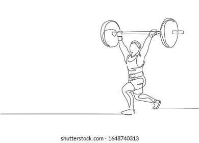 One continuous line drawing of young bodybuilder man doing exercise with a heavy weight bar in gym. Powerlifter train weightlifting concept. Dynamic single line draw design vector graphic illustration