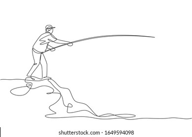 One continuous line drawing of young fisherman happy standing and fishing on a side lake land hill. Fishing leisure hobby vacation concept. Dynamic single line draw design graphic vector illustration